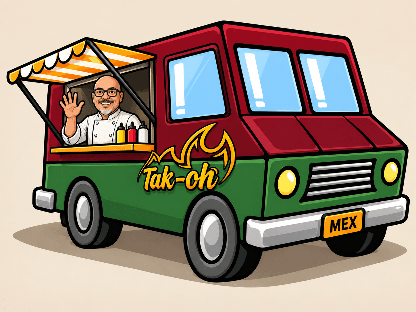 Illustration of the Tak-Oh food truck, red and green with a striped awning, chef Manuel Moreno waving from the serving window